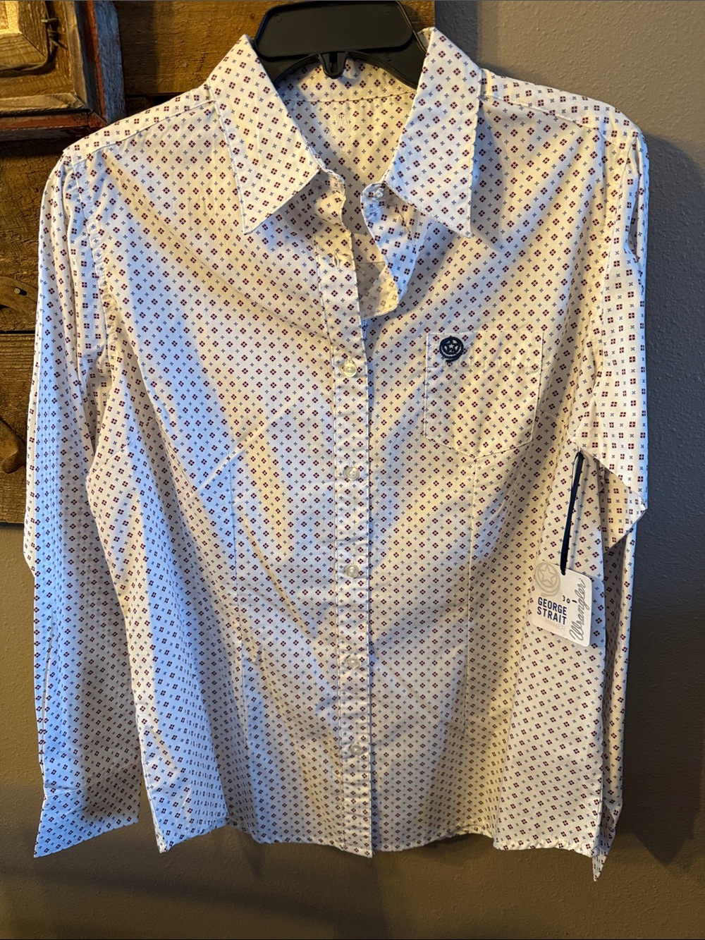 Wrangler Women's White Button-Down Shirt with Blue and Red Geo Print